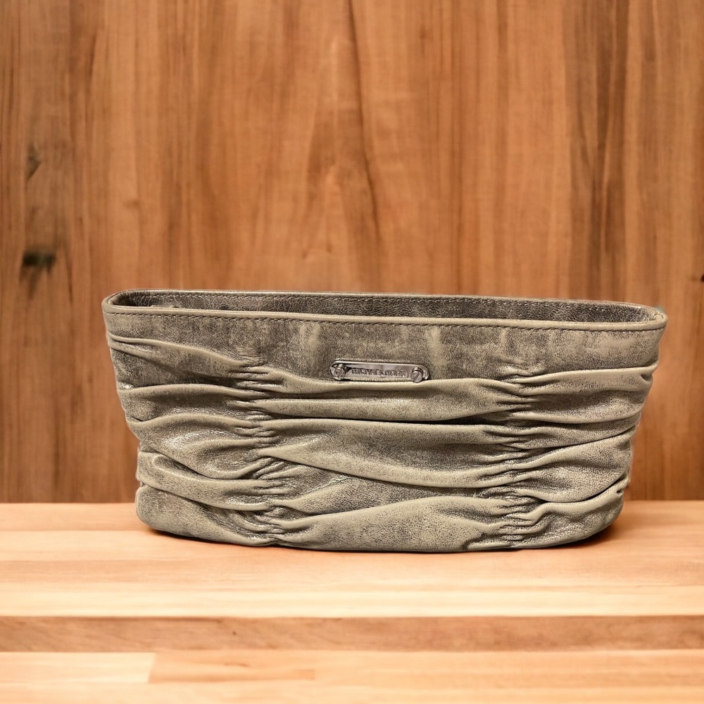 Michael Kors unique grey/silver/distressed ruched soft Leather Clutch